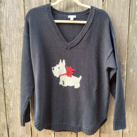 J. Jill Sweaters - J Jill size M knit cotton blend sweater v-neck long sleeve black dog motif